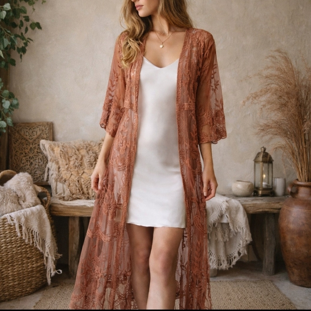 Blue Rain Sheer Rust Bohemian Lace Duster Kimono | Size S